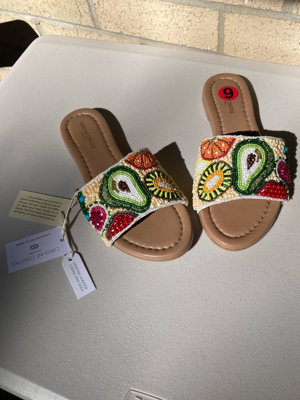 Caroline Constas Fruit Print Beaded Leather Sandals Avacado Kiwi Orange Tropical